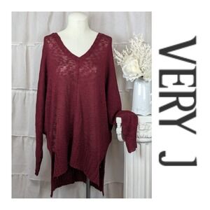 Very J Burgundy Red Oversized V Neck Tunic Knit Sweater Size Large